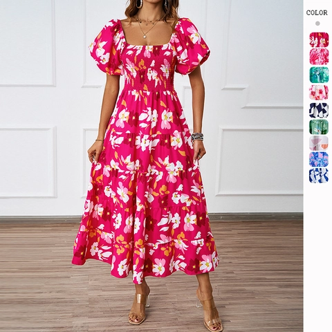 Geblümtes Maxikleid Gesmokt Polyester Off Shoulder Puffärmel Gestuft Sommerurlaub Für Frauen
