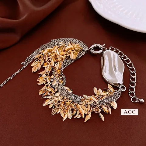 Multi-Layer Leaf Tassel Bracelet Alloy Two-Tone Gold Silver Irregular Geometric Decor Fashion Jewelry For Women