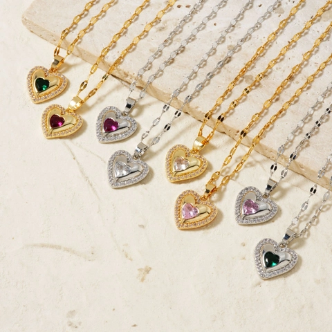 Stainless Steel Heart Pendant Necklace For Women Copper Base Colorful Rhinestone Pave Elegant Jewelry Fashion Twisted Chain Gift
