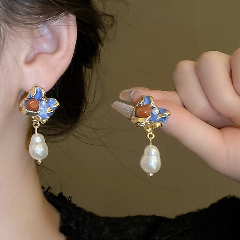 Artificial Baroque Pearl Drop Earrings With Blue Enamel Alloy Vintage Geometric Design And 925 Sterling Silver Earring Post