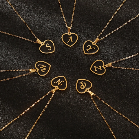 Collar Inicial Corazón Chapado Oro 18K Acero Inoxidable Esmalte Negro Colgante Letra Joyas Para Mujer