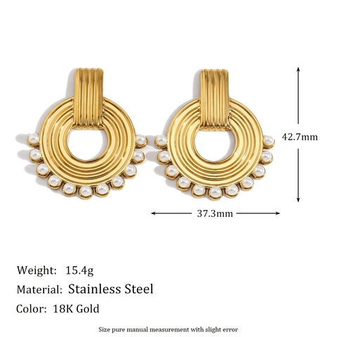 Pendientes De Aro Retro Acero Inoxidable Chapado Oro 18K Redondo Texturizado Perla Artificial Imitación Elegante Estilo Vintage Mujer
