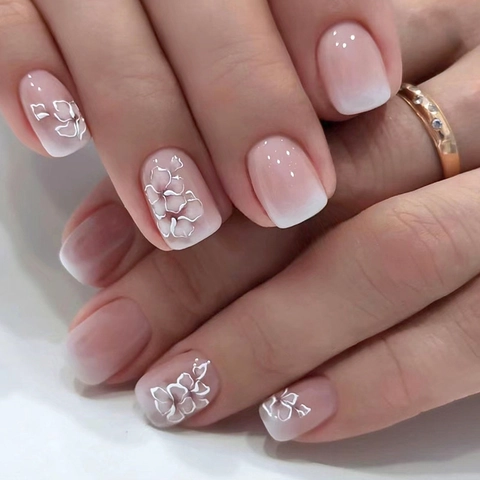 Kunstnagels Roze Wit Ombre Verloop Wit Bloemenpatroon Kort Vierkant Voor Dames