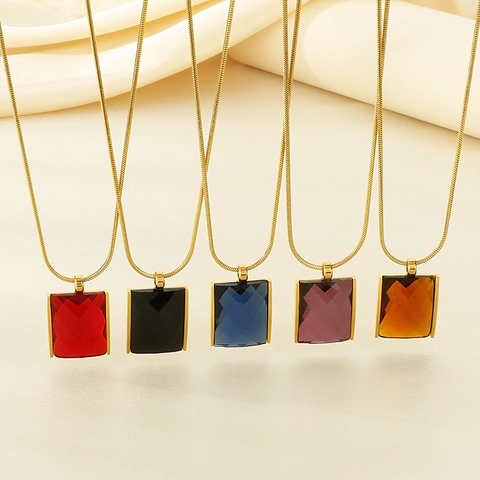 Square Glass Crystal Pendant Necklace Stainless Steel 18K Gold Plated Snake Bone Chain Vintage Geometric For Women