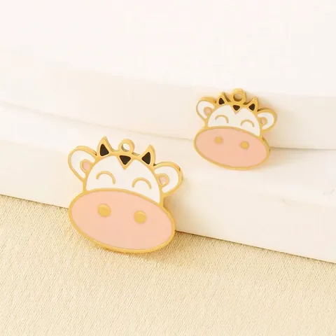 Cartoon Cow Head Pendants Stainless Steel Enamel Animal Charms For DIY Jewelry Making Necklaces Bracelets Accessories