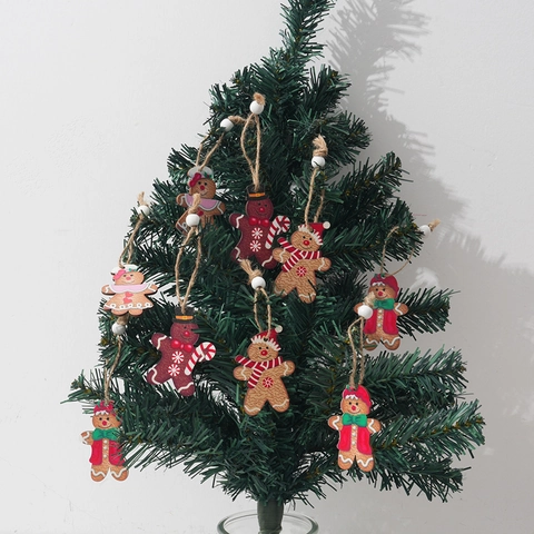 Christmas Tree Hanging Ornaments Wooden Painted Gingerbread Man Gnome Car Festive Holiday Decor Wood Beads Jute Rope