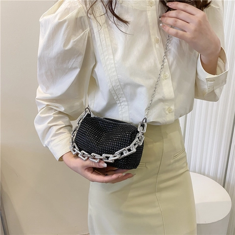 Women Rhinestone Cylinder Bag Shiny Evening Party Handbag With Chunky Silver Chain And Thin Metal Strap Crossbody