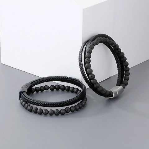 Herren Mehrschichtiges Armband Lavastein Geflochtenes Leder Edelstahl Magnetverschluss Punk Schmuck