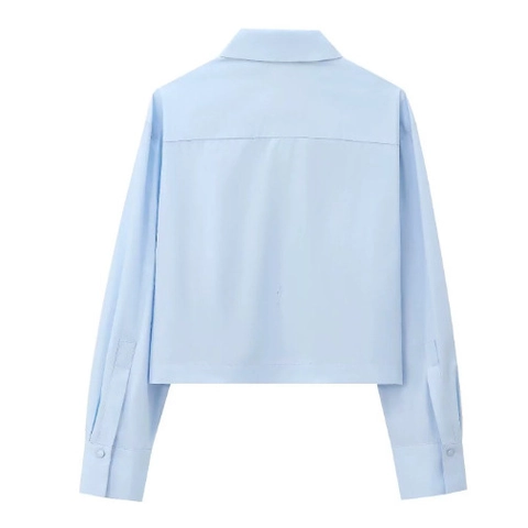 Blusa De Mujer Azul Claro De Manga Larga De Popelina Camisa Corta Con Ribete De Diamantes De Imitación