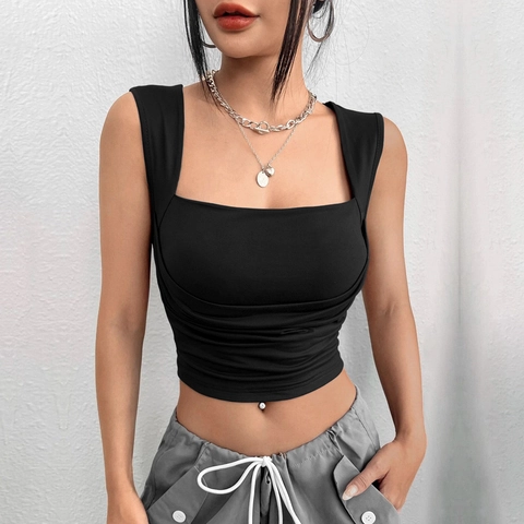 Square Neck Ruched Crop Tank Top Rayon Spandex Elastic Slim Fit Sexy Sleeveless Camisole For Women Chic Streetwear