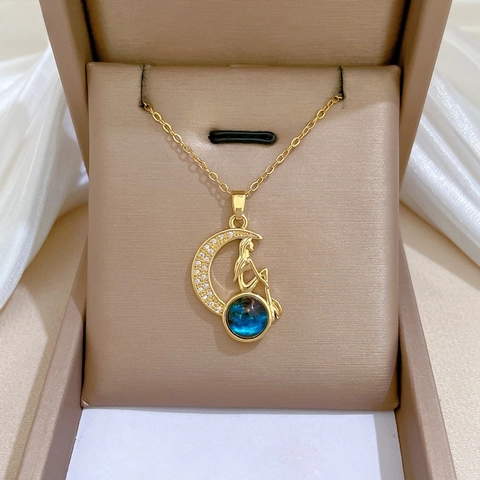 Collana Pendente Luna Sirena Acciaio Inossidabile Rame Zircone Catena Clavicola Sfera Cielo Stellato Blu Gioielli Da Donna