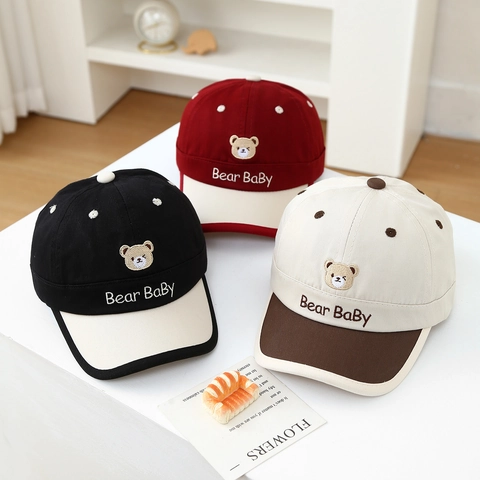 Gorra De Béisbol Para Niños Algodón Color Contrastado Bordado De Oso Protección Solar Sombrero Ajustable Niños Niñas