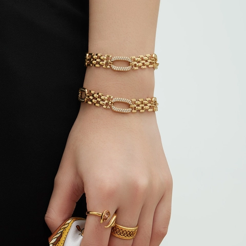 Pulsera De Cadena De Reloj Chapada En Oro De 18K Acero Inoxidable Circón 5A Joyería Geométrica Unisex