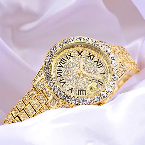 Orologio Lusso Donna Quarzo Strass Completo Impermeabile Calendario Numeri Romani Lega Elegante Lucido Abito Orologio Da Polso