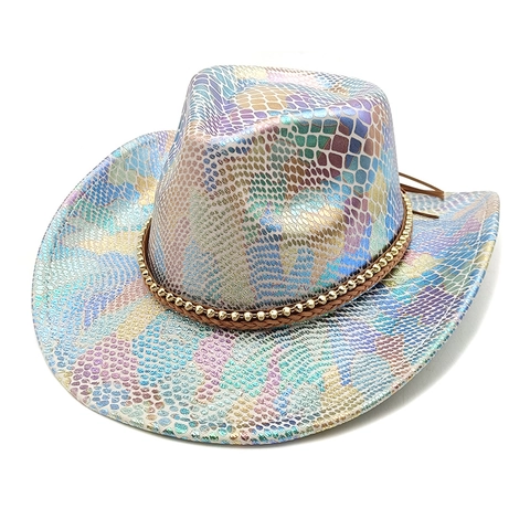 Western Cowboy Hat Metallic Holographic Snake Skin Pattern Wide Brim Polyester Beaded Band Party Stage For Women Men