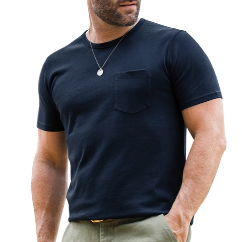 Men Short Sleeve Round Neck T-Shirt Solid Color Chest Pocket Breathable Casual Urban Slim Fit Polyester Spandex