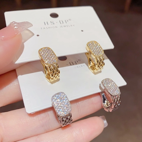 Elegant Geometric Full Rhinestone Hoop Earrings Copper Gold Plated Rectangular Ear Buckles Fashion Jewelry For Women Wedding