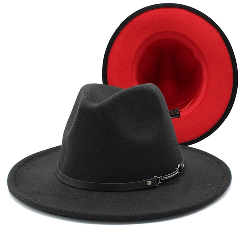 Kontrastfarbener Filz Fedora Hut Flache Breite Krempe Vintage Jazz Kappe Mit Lederband Metallschalle Für Herren Damen