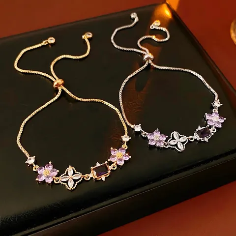 Purple Zircon Flower Bracelet Copper Rectangular Gemstone Adjustable Slider Buckle Elegant Jewelry For Women