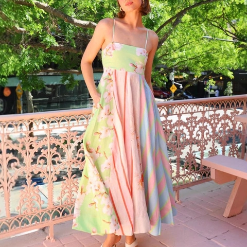 Women Sexy Spaghetti Strap Maxi Dress Polyester Patchwork Floral Striped Print Backless Large Hem Holiday Vacation