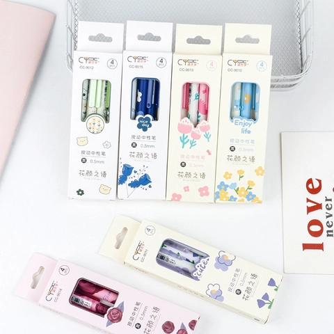 Retractable Gel Pens Floral Pattern Plastic Shell Black Ink Smooth Writing Office School Stationery Flower Style