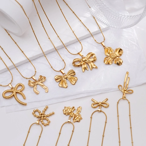 Collana Con Pendente A Fiocco E Fiore Oro Acciaio Inossidabile Catena A Serpente Con Perline Gioielli Eleganti Da Donna