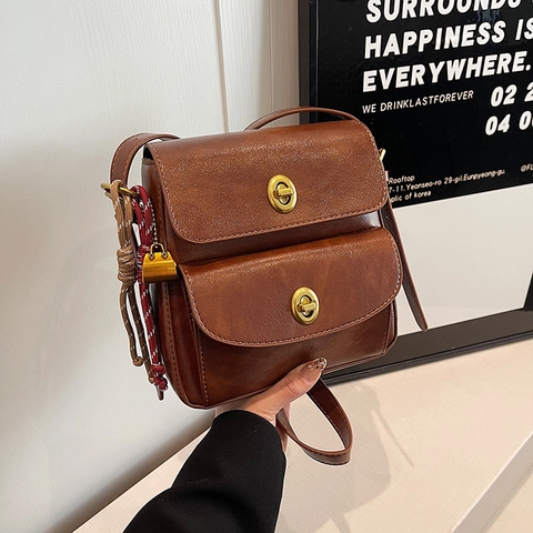 Vintage Women PU Leather Crossbody Bag Double Turn Lock Flip Shoulder Small Square Bag Retro Casual Daily Aesthetic