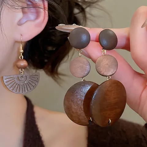 Holz Ohrhänger Fächerförmig Hohl Geometrisch Perlen Bohemisch Ethnisch Stil Damen Mit 925 Sterling Silber Ohrstecker