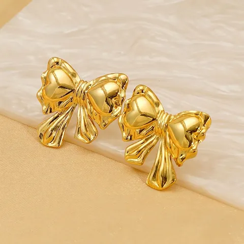 Orecchini A Fiocco Placcato Oro Acciaio Inossidabile 3D Cuore Dettaglio Lucidato A Specchio Retro Stile INS Donne