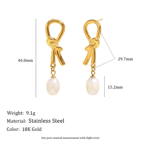 Pendientes De Acero Inoxidable Con Nudo Y Perla Artificial Bañados En Oro De 18K Estilo Retro Francés Elegante Para Mujer