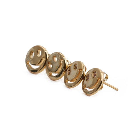 Cute Smiley Face Stud Earrings Gold Plated Copper With Sparkling Rhinestone Eyes Minimalist Cartoon Jewelry For Women