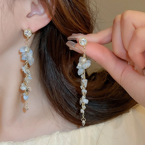 Alloy Long Tassel Earrings With Light Blue Stones Rhinestone And 925 Sterling Silver Earring Post Elegant Jewelry For Women