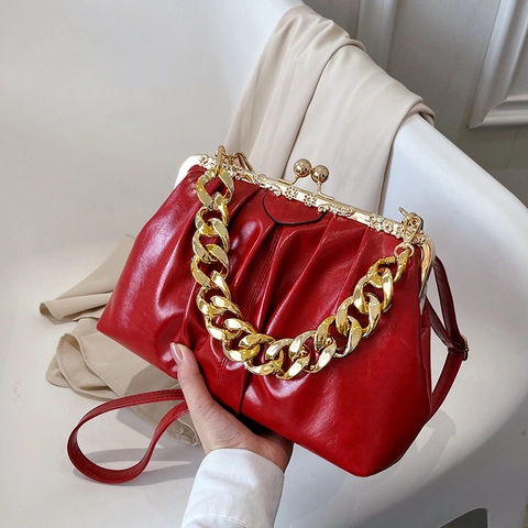 Women Retro Pleated PU Leather Crossbody Bag Gold Chain Thick Handle Kiss Lock Clasp Vintage French Style Cloud Handbag