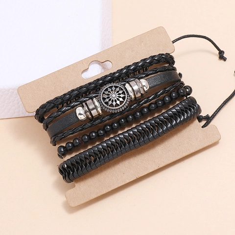 Men Braided Bracelet Faux Leather Wood Beads Wax Cord Alloy Mandala Punk Retro Bohemian Adjustable Wristband