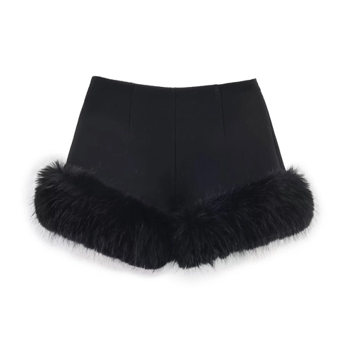 Women High Waisted Shorts With Faux Fur Trim Black Polyester Spandex Blend Elegant Fashionable Elegant Bottoms
