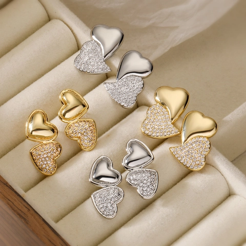 Double Heart Stud Earrings 18K Gold Plated Brass With Zircon Elegant Niche Design Small Fashionable Jewelry For Women