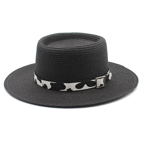 Cappello Boater Paglia Estate Spiaggia Protezione Solare Retro Banda Stampa Mucca Fibbia Metallo Tesa Larga