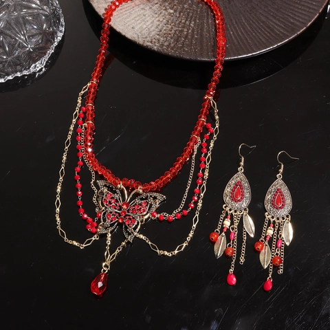 Bohemian Butterfly Tassel Necklace And Earrings For Women Retro Multi Layer Glass Bead Rhinestone Ethnic Style