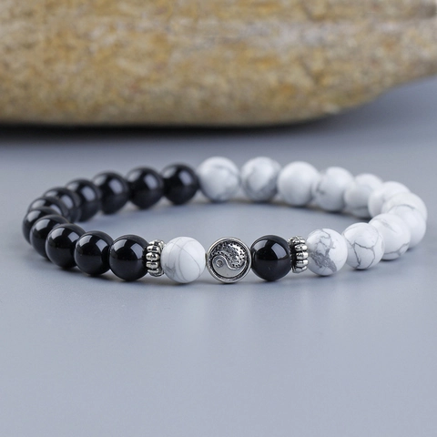 Tai Chi Yin Yang Beaded Bracelet With Black Agate And White Marble Stone Beads Alloy Spacers For Men And Women Zen Jewelry