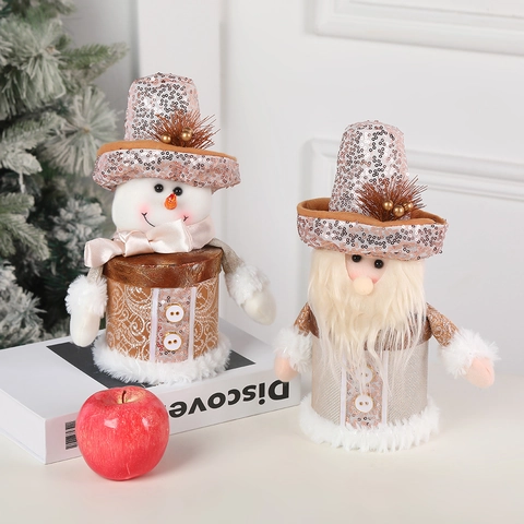 Barattolo Decorativo Natalizio Statuetta Babbo Natale Pupazzo Di Neve Paillettes Tessuto Decorazione Tavola Contenitore Regalo