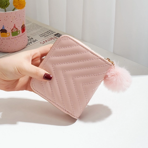 Portefeuille Court Pour Femmes En Cuir PU Double Fermeture Éclair Porte-Monnaie Matelassé En V Charme Pompon
