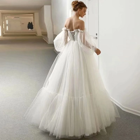 Elegant Off Shoulder Wedding Dress With Tulle Bubble Lantern Sleeves And Lace Up Back A Line Simple Bridal Gown For Women