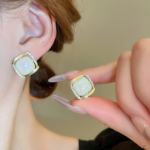Pendientes De Botón Cuadrados Y De Gota Con Poste De Oreja De Plata Aleación Resina Pedrería Imitación Perla Artificial Vintage Francés Para Mujeres
