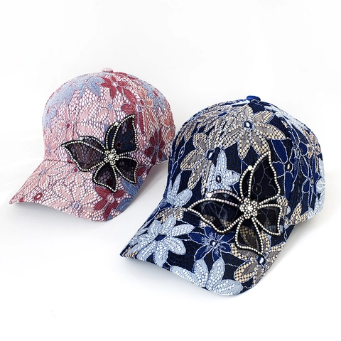 Casquette de Baseball en Dentelle Florale Papillon pour Femmes Chapeau de Soleil en Strass Voyage en Plein Air Doux Polyester