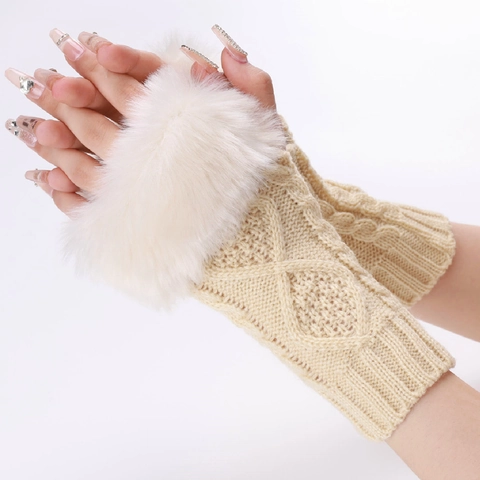 Guantes Sin Dedos De Punto Trenzado Para Mujer Con Ribete De Piel Sintética Calentadores De Brazos Térmicos Suaves