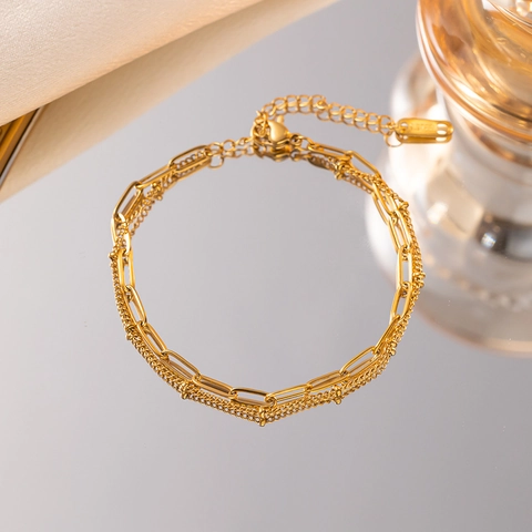Double Layered Bracelet Stainless Steel Paperclip And Bead Chain Link Trendy Minimalist Jewelry For Women