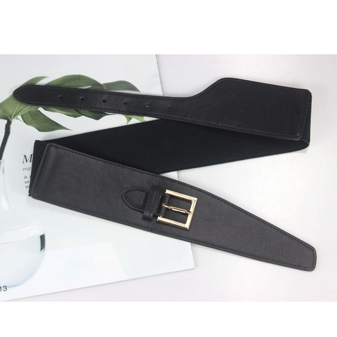 Ceinture Corset Élastique Large pour Femmes Mode Simple en Similicuir Patchwork avec Boucle en Métal Doré Accessoire pour Robe et Manteau