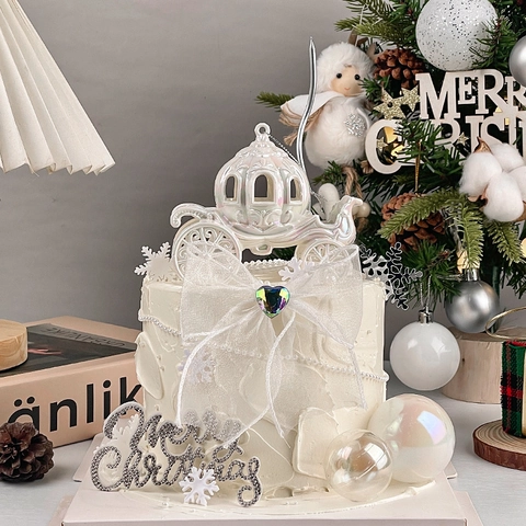 Decoración De Pasteles De Navidad Carruaje De Calabaza Irisado Copo De Nieve Acrílico Fieltro Letra Merry Christmas Perla Artificial
