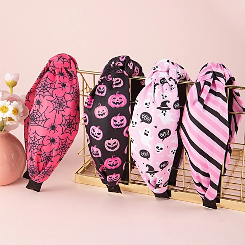 Cerchietti Halloween Per Donne Tessuto Maglia Stampato Nodo Zucca Fantasma Tela Ragno Strisce Accessori Capelli Festivi