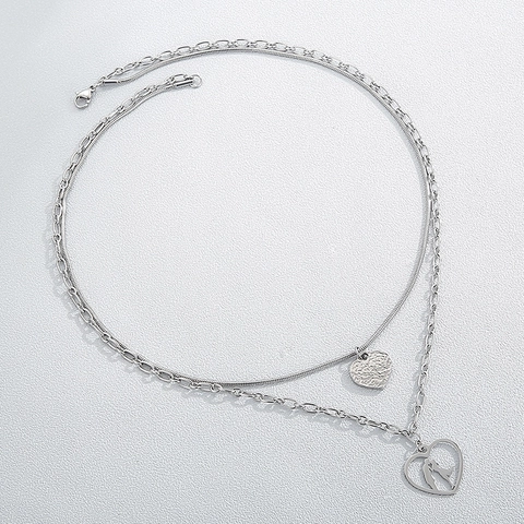Collana A Strati Acciaio Inossidabile Ciondolo Cuore Silhouette Coppia Cava Gioielli Metallo Martellato Regalo Romantico Donne